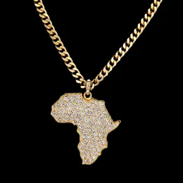 Pendanthalsband Crystal Africa Map Necklace For Women Men Hip Hop Accessories Gold Cuban Link Chain Choker Jewelry Present