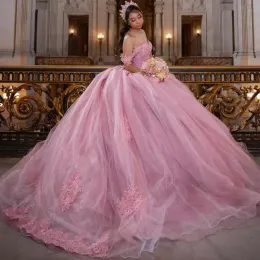 Różowe z ramion sukienki Quinceanera suknie balowe kwiatowe aplikacje koronkowe koronkowe oporowe gorset na sweet 15 dziewcząt imprezę 0621
