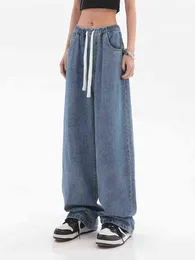 2022 inizio autunno moda donna classico ampio pompino a vita alta blu Jean pantaloni cordoncino con lacci pantaloni larghi in denim Dweilen L220726