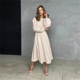 CHURSES Sexy Backless Midi Dress Lantern Sleeve O-Neck Autumn Folds A-Line Fashion Party Night Club Long Dresses For Women 220406