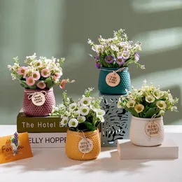 Ghirlande di fiori decorativi Set di fiori di simulazione nordica Vaso d'oro in ceramica Rose Piante artificiali In vaso Festa a casa Villa Soggiorno Dec