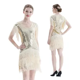 Party Dresses Women Vintage 1920s Art Deco Great Gatsby Sheer V Neck Tassele Fringed Sleeves Inspirerad Beaded Sequin Flapper Klänning