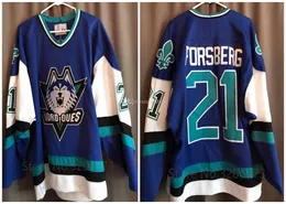 Benutzerdefiniertes Hockey-Trikot für Herren, Jugendliche, Damen, Vintage, weiß, blau, Nordiques PETER FORSBERG 19 Joe Sakic High School, Größe S-6XL oder Trikot mit beliebigem Namen und Nummer