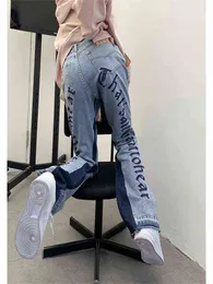 High Waist Letter Print Blue Jeans Women's Spring Summer European American Hot Girls Straight Flared Pants Denim Trousers Female T220728