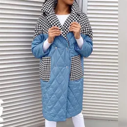 Malina vänd ner krage parkas kvinnor mode lapptäcke houndstooth rockar kvinnor elegant lös lång bomullsjacka kvinnliga damer JP 220801