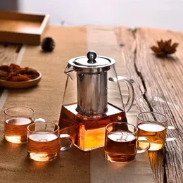 Kung Fu Tea Sets Heat Resistant Glass Teapot With Stainless Steel Infuser Heated Container Tea Pots Clear Kettle Square Filter 1pot 4cups