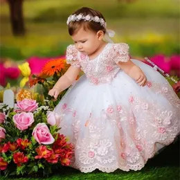 Blush Pink Pearls 2022 Flower Girl Dresses For Wedding Beaded Crystal Short Sleeve Lace Floral Baby Wedding Guest Dress