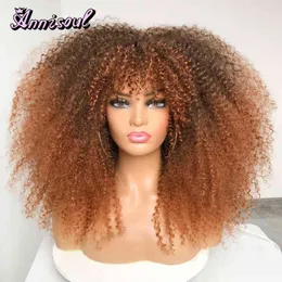 Kısa Saç Afro Kinky Kıvırcık Peruk Siyah Kadınlar için Patlama ile Afrika Sentetik Ombre Kahverengi Cosplay Doğal Sarışın Glueless Wig 220707