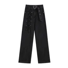 Jeans kvinnor hög midja väska casual hipume hip hop punk byxor svart vintage gotisk bred snörning bågbälte ben lång byxor kvinnlig t220728