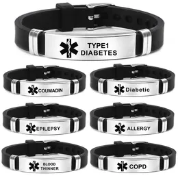 Pulseira de aviso tipo 1 diabetes aço inoxidável pulseira de silicone