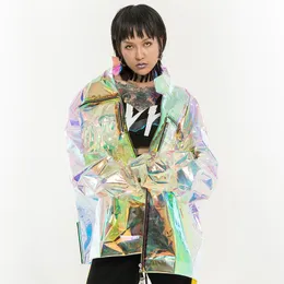 Women's Jackets Hologram Glitter Trendy Women Loosen Jacket Bling Laser Reflective Coats Punk Dance Hip Hop Ads Model Holographic CostumeWom