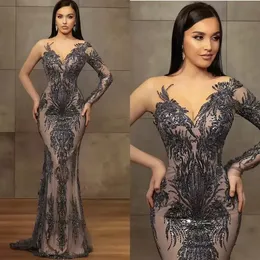 Grey Mermaid Prom Dresses Sheer Jewel Neck Lace Floral Appliqued Beaded Evening Dress Sequins Long Robes De Soiree BC14030