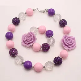 Blommor pärlor halsband elastiska armband för baby flickor smycken set söta barn rhinestones chunky halsband presenter