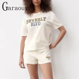 Garaouy Summer Womens Tshirt Suit Loose Tracksuit Shorts Twopiece Set O Collar Casual Outfit Pullover Mujer Tee Top 220613