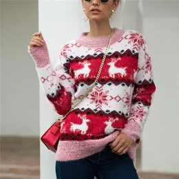 Zimowe kobiety sweter koreańskie dzianiny świąteczne ciepłe tunika długie rękawie różowy pullover uroczy swobodny top jumper 210428