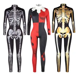 Kobiety Jumpsuits Rompers Dorosły Dziecko Halloweenowe długie rękaw Straszny szkielet nadruk kombinezonu bodycon impreza kostium Bodysuit dziewczęta i chłopcy Pa