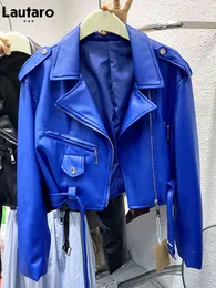 Lautaro Bahar Sonbahar Kısa Mavi PU Deri Biker Ceket Kadın Fermuar Uzun Kollu Kemer Serin Lüks Tasarım Kıyafetleri 2022 L220728