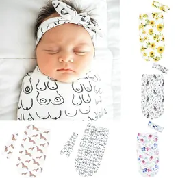 Nyfödd baby swaddle filt båge pannband 2 datorer sovsäckar wrap blommor tryckt tecknad sömn säckar julfotografering prop 5 stilar