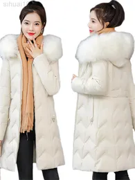 Вниз хлопчатобумажная куртка женщин в средней длине пролавок с капюшоном Большой меховой воротник 2022 осень и зимняя новая корейская версия Slim Jacket L220730