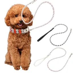 개 칼라 가죽 끈 1.25m Leash Beads Decoration Break-Away Training Tool Pet Rope Collar 액세서리를위한 작은 중간 개 들음