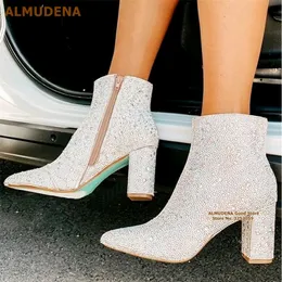ALMUDENA Bling Silver Crystal Ankle Boot Sparkly y Heel Short Booties Glittering Wedding Shoes 220810