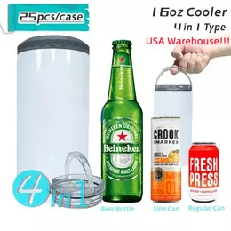 US Warehouse!!! 4 in 1 16oz Sublimation Can Cooler Straight Tumbler Stainless Steel 2 in 1 Can Insulator Vacuum Insulated Bottle Cold Insulation Can with 2 lids