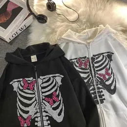 y2k 후드가있는 여성 UP Zip Streetwear Harajuku Tops Strass Skull 힙합 여성 스웨트 셔츠 Kawaii Hoodies Grunge Clothing