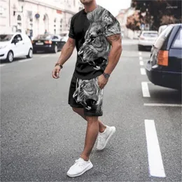 Men's Tracksuits Summer Casual Mesh Sport Breathable Sport Short Sleeve para homens 2022 Moda Domineering Lion Face 2 Peças Sweat Tracksuitmen