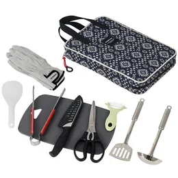 9 stycke läger kök matlagningsredskap set resor arrangör grill tillbehör bärbar kompakt redskap för backpacking bbq camping vandring resa köksredskap kit