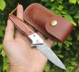 Flipper Pocket Knife VG10 Damasco in acciaio Blade in palissandro a sfera Cuscinetti EDC con guaina in pelle