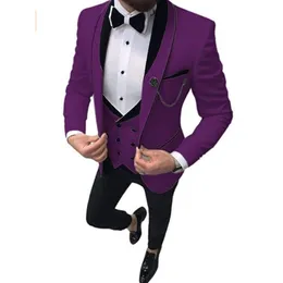 Brand New Purple Groom Tuxedos Shawl Lapel Slim Fit Groomsmen Wedding Dress Excellent Man Jacket Blazer 3 Piece Suit Jacket Pants Vest Tie 1290