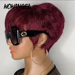 Ombre Red Burgundy 99J Short Pixie Cut Parrucca diritta per capelli umani Parrucche con frangia per donne realizzate a macchina