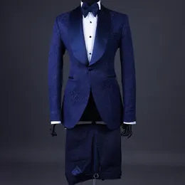 Blue Wedding Tuxedos Formella män passar Slim Fit Satin Shawl Lapel Collar Mens Suits Skräddarsy brudgummen Blazer för bröllopspomjacka och byxor med båge