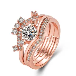 Moda e requintada abertura de ouro rosa coroa de coroa anel embutido de zircão de zircão de três peças Anel Double Crown Rings Party Gift Jewelry