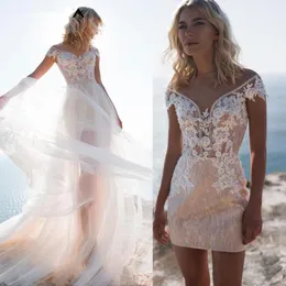 Other Wedding Dresses Beach 2 Pieces Short Skirt With Detachable Train Beading Appliques Lace Bridal Gown Customize Cap Sleeve