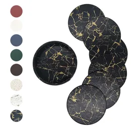 6pcs PU Leather Table mat Set Round Marble Placemats Beverages Coffee Cup Pads Coasters for teacup Mats kitchen accessories 220627