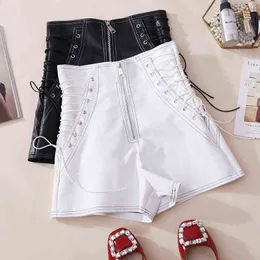 2021 Höst Kvinnor Tie High Waist Pu Shorts Kvinna Casual Black Leather Shorts Office Lady All Match Zipper Wide Leg Shorts A2116 Y220417