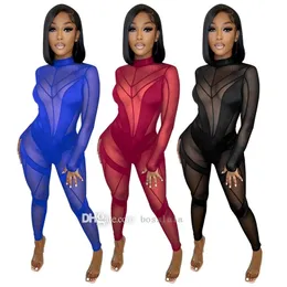 Kvinnor Nya kläder Solid Long Sleeve Rompers Mid Neck Sexy Perspective Mesh Splicing Jumpsuits