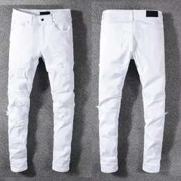 Jeans de angústia masculina rasgada skinny white designer clássico de jeans de jeans de jeans para homem alongamento relaxado encaixe vintage perna reta longa zíper fliper luminagem no meio -peso
