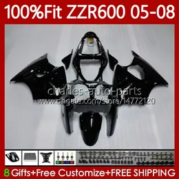 100% Fit OEM Body For KAWASAKI glossy black all NINJA ZZR-600 600 CC 600CC 05-08 Bodywork 134No.4 ZZR 600 ZZR600 05 06 07 08 2005 2006 2007 2008 Injection Mold Fairing Kit