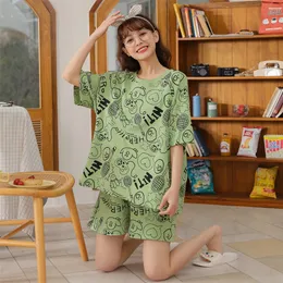Bzel Summer Sleepwear Cotton Womens Pajamas Set Cartoon Girl Home Suit with Shortsかわいいピジャマカジュアルコンフォートパジャマ2pcs 220527