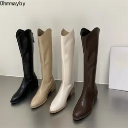 Frauen kniehohe Lederstiefel Reißverschluss Mode spitze Zehe Blakc Weibliche Ritter kurze und lange Winter Damenschuhe 211105