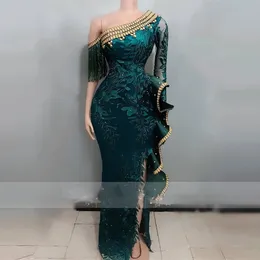 Hunter Green Aso Ebi Syrenki Suknie Wieczorowe Side Split One Ramię Ruffles Frezowanie Plus Size Prom Dress African Party Suknia