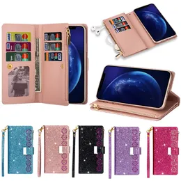 Bling Leather Multifunction Sheipper Wallet Flip Cases 9 Slots Slots Slots for Samsung S20 Fe S21 S22 Ultra A13 A23 A33 A53 A03S A12 A22 A32 A42 A52 A72 A72 A51 A71 A31