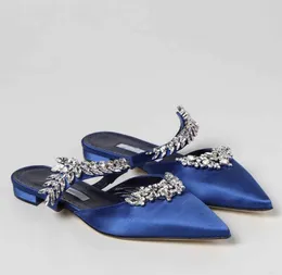 Luxury Summer Lurum Sandals Shoes For Women Satin Crystal Embelled Slippers Flat Lady Elegant Comfort Mules Stapled Heel Walking EU35-43