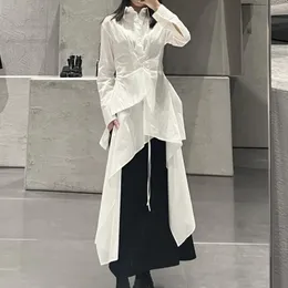 Women's Blouses & Shirts SuperAen 2022 Asymmetric Design Lace Up Chest Strap Irregular Long Hem Layered Pendant Shirt Black And White Womens