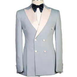 Garnitury męskie Blazery jasnoniebieskie spodnie blezerowe podwójnie piersi mężczyźni biali szczytowe lapowe stroje weselne