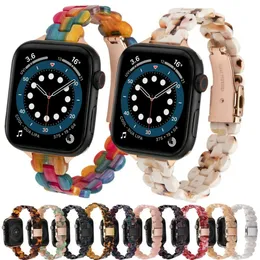 Luxury Tortoise Shell Harts Strap Armband för Apple Watch Series 7 6 5 4 3 SE Rostfritt stål Buckle Band 41mm 45mm