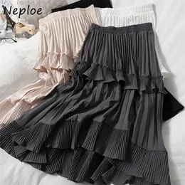 Neploe Autumn Pleated Skirt High Waist Irregular Hem Flouncing Women Long Skirts Fashion Faldas Jupe Femme 1F658 220317