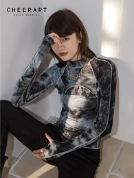 CheerArt TIE GREY BLACK TURTLENECK 여성 TSHIRTS BODYCON LONG SLEEVE TOP Women Fall Fashion Tee 셔츠 Femme Clothing 220419